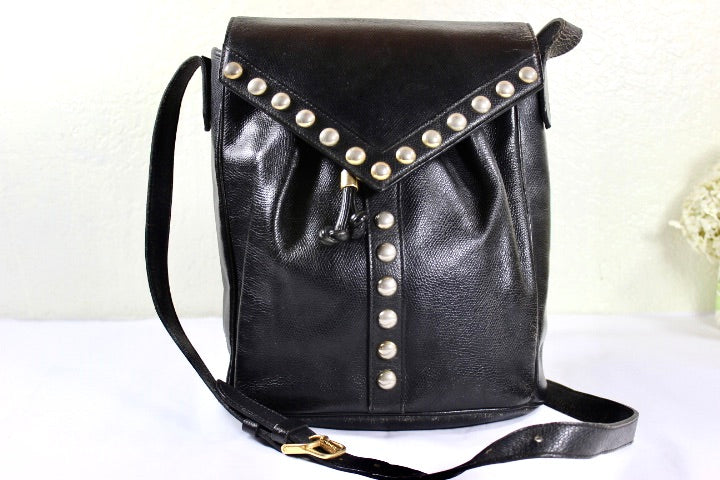 YSL Yves Saint Laurent Vintage Studded Drawstring Black Leather Shoulder Bag, France