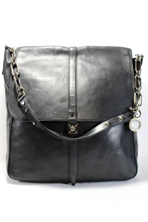 LANVIN Large Black Leather Tote Shoulder Bag Chain Strap Italy