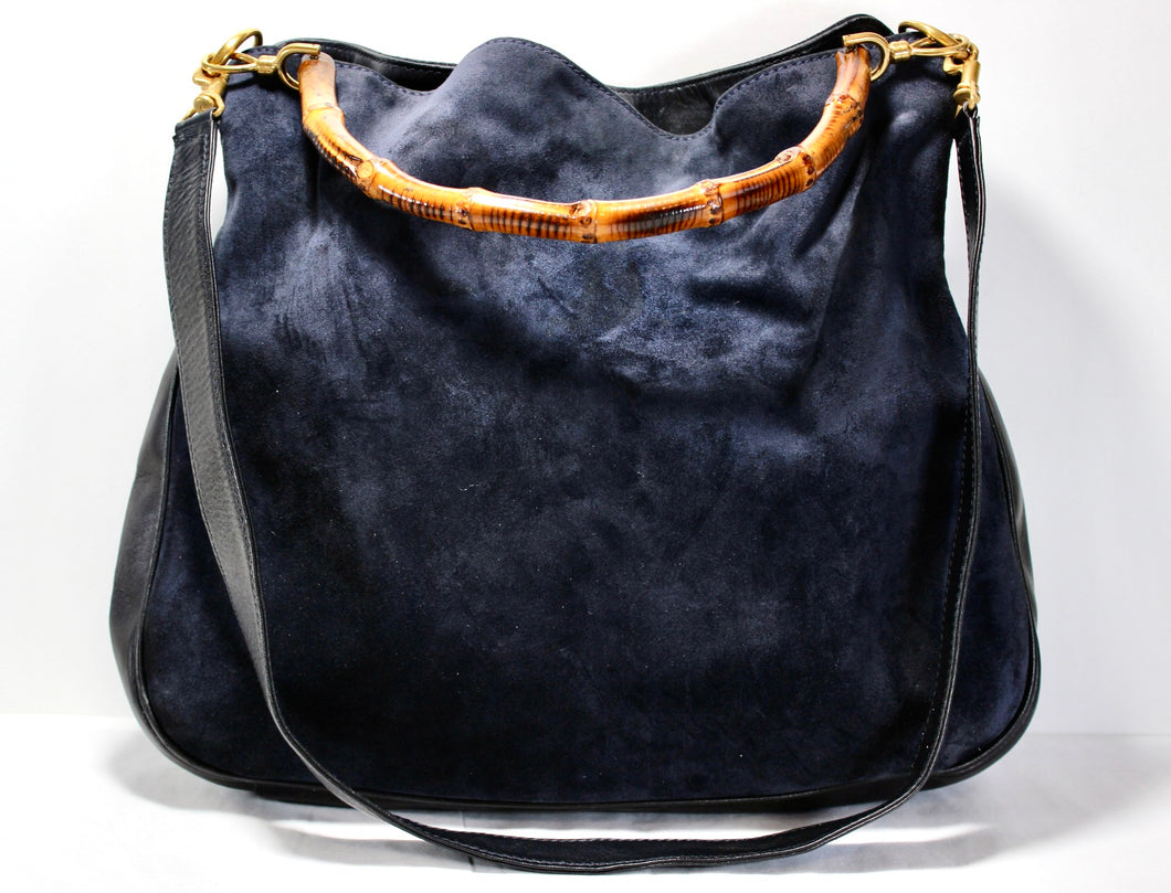 Genuine GUCCI Large Dark Blue Suede Tote Bag Bamboo Handle Leather Strap Italy