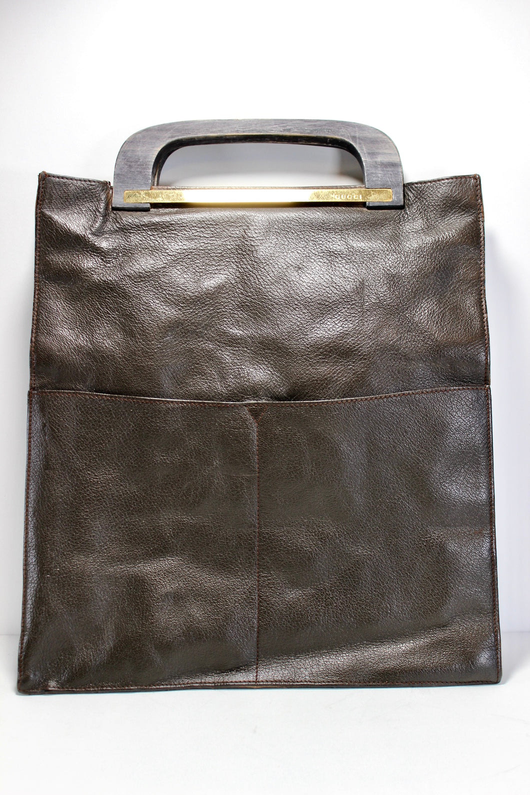Vintage GUCCI Black Leather Tote Laptop Office Handbag Wood Handle Italy