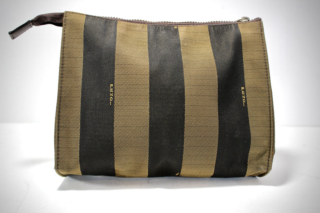 FENDI Vintage Brown Striped Canvas Clutch Makeup Cosmetics Pouch Bag Italy
