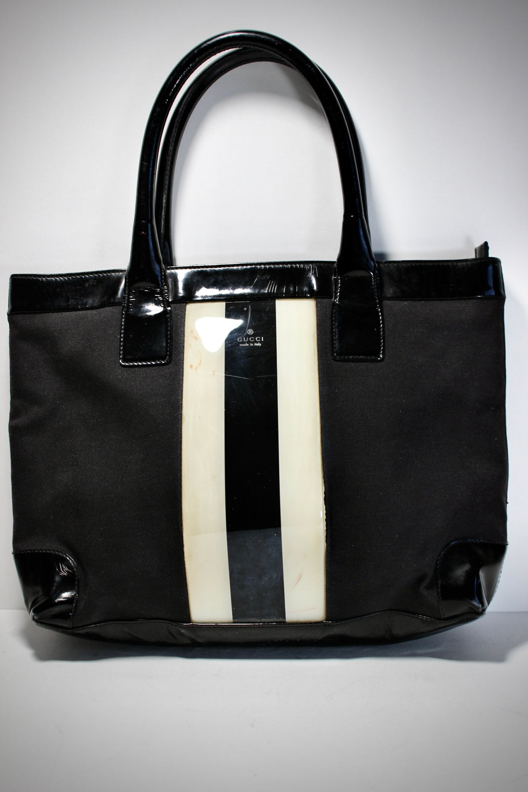 GUCCI Vintage Canvas Patent Leather White/Black Stripe Tote Bag Double Handle Italy