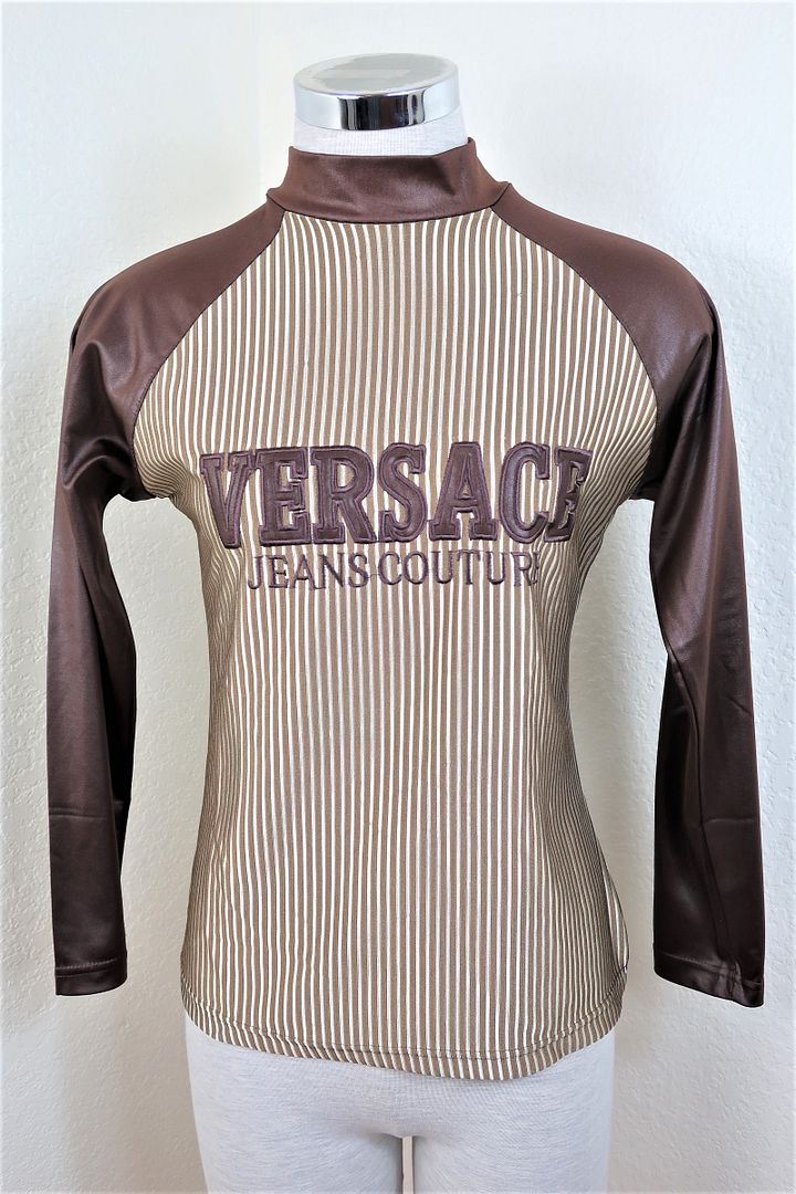 Vintage VERSACE Couture Logo Rich Brown Long Sleeve Printed Top Shirt Blouse  SMall 4 5 6