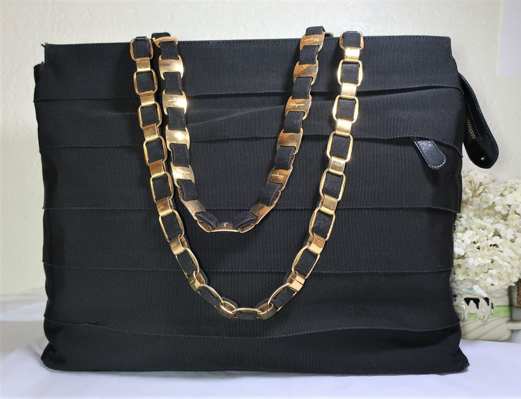 Vintage SALVATORE FERRAGAMO Black Grosgrain Tiered Ribbon Metal Link Tote Shoulder Bag