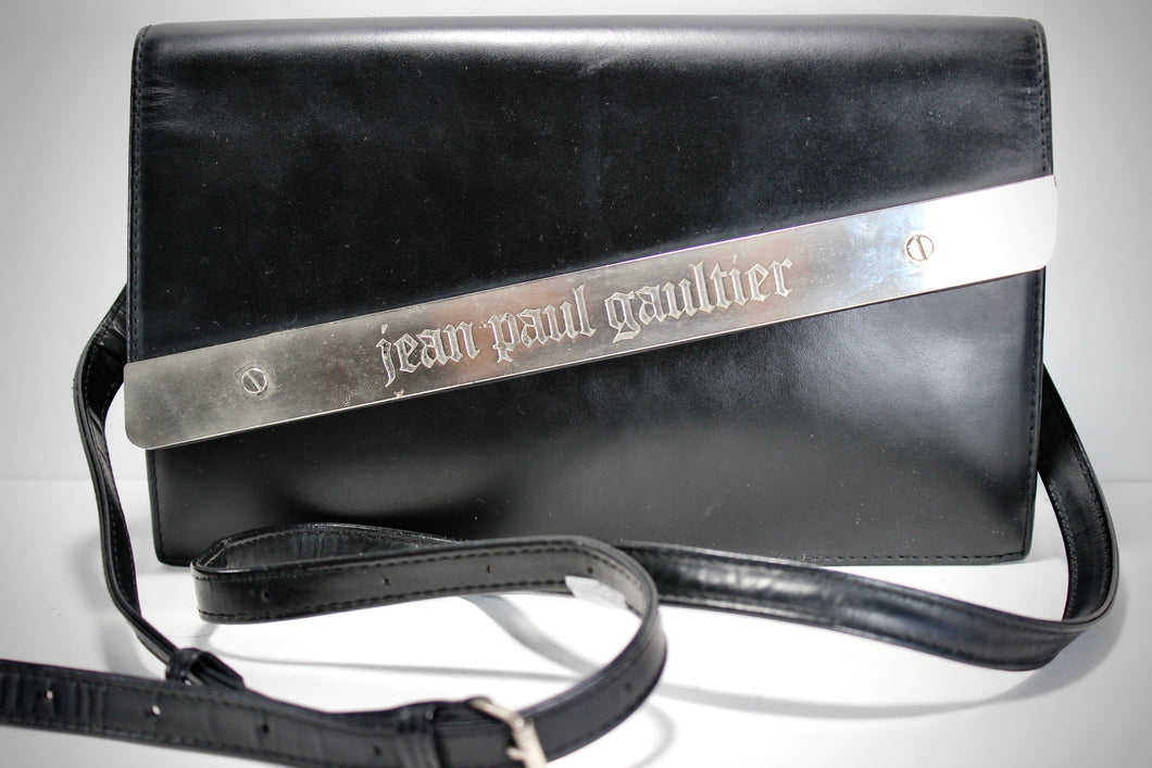 JEAN PAUL GAULTIER Black Leather Engraved Metal Panel Crossbody Sling Bag
