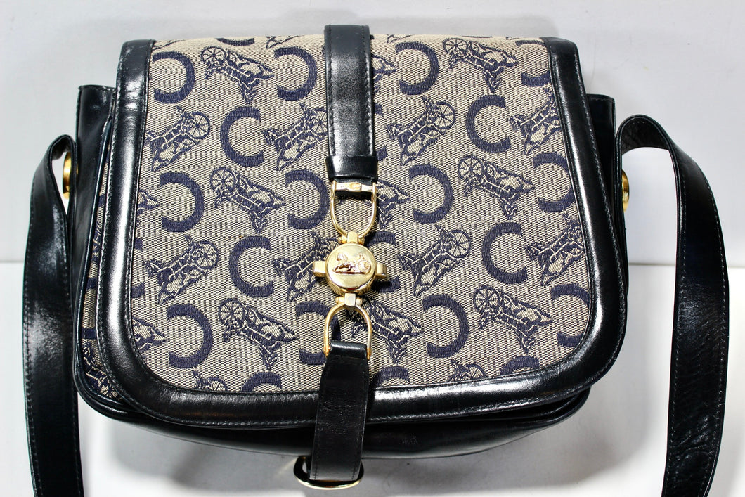 CELINE Sulky Pattern Canvas and Leather Gray Black Shoulder Bag Handbag