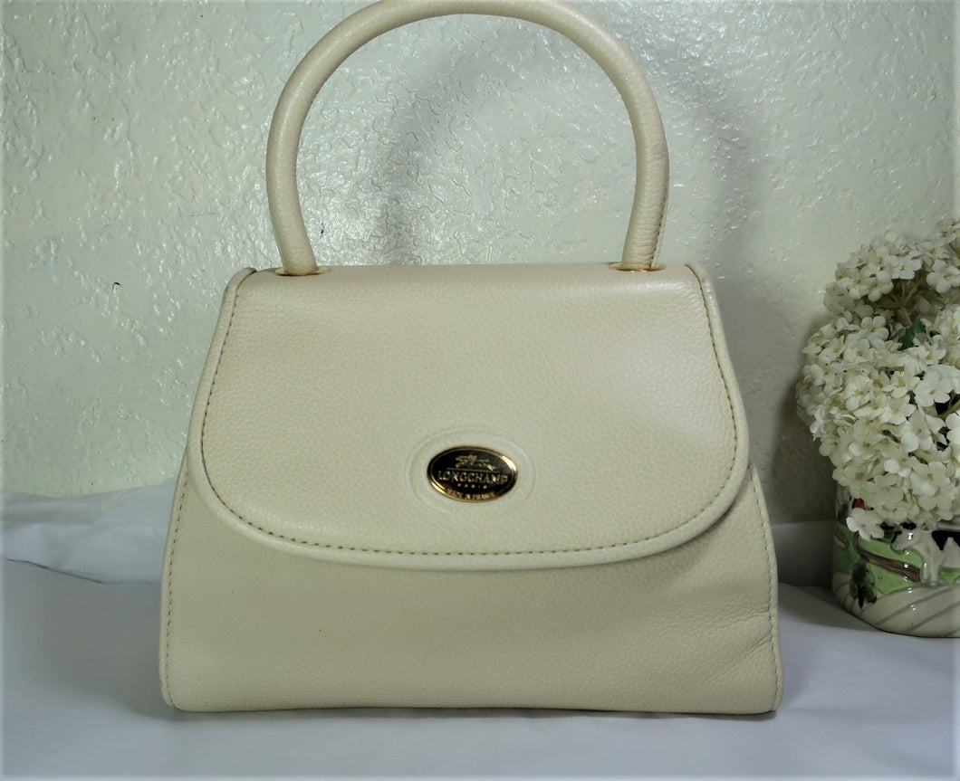 Vintage LONGCHAMP Cream Leather Small Party Tote Hand Bag