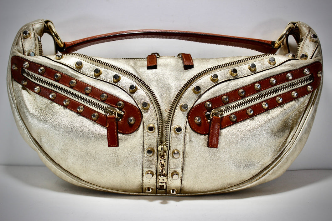 VERSACE Half Moon Gold Metallic Leather Studded Handbag Italy