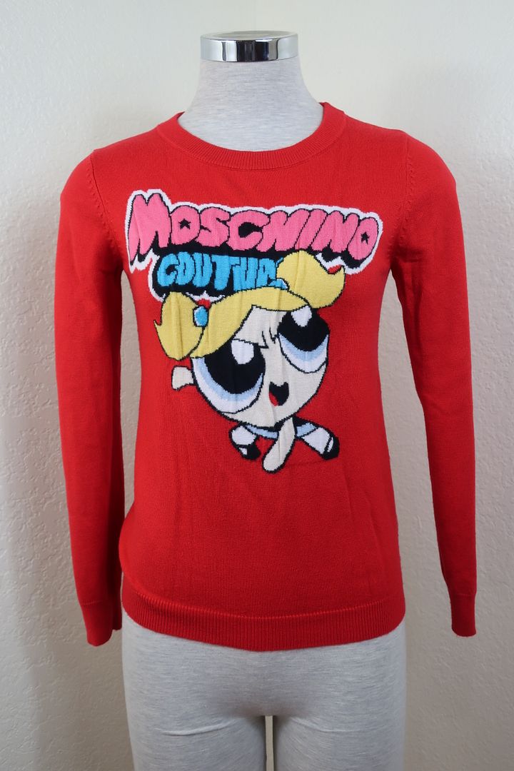 Vintage MOSCHINO COUTURE LOGO PowerPuff Girls Red Long Sleeve Pullover Wool Knitted Sweater Jacket Small 36 2 3 4