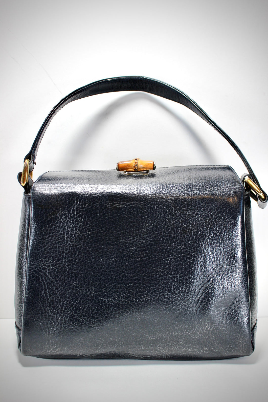 Vintage GUCCI Black Leather Handbag 70's Bamboo Top Closure Twist Lock Italy