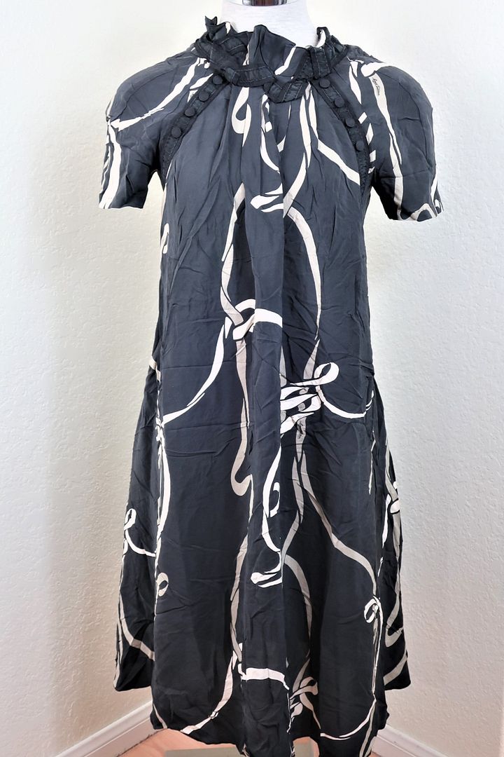 LOUIS VUITTON Black White Signatures Logo Silk Printed Short Sleeve Dress Small 34 0 2 3 4