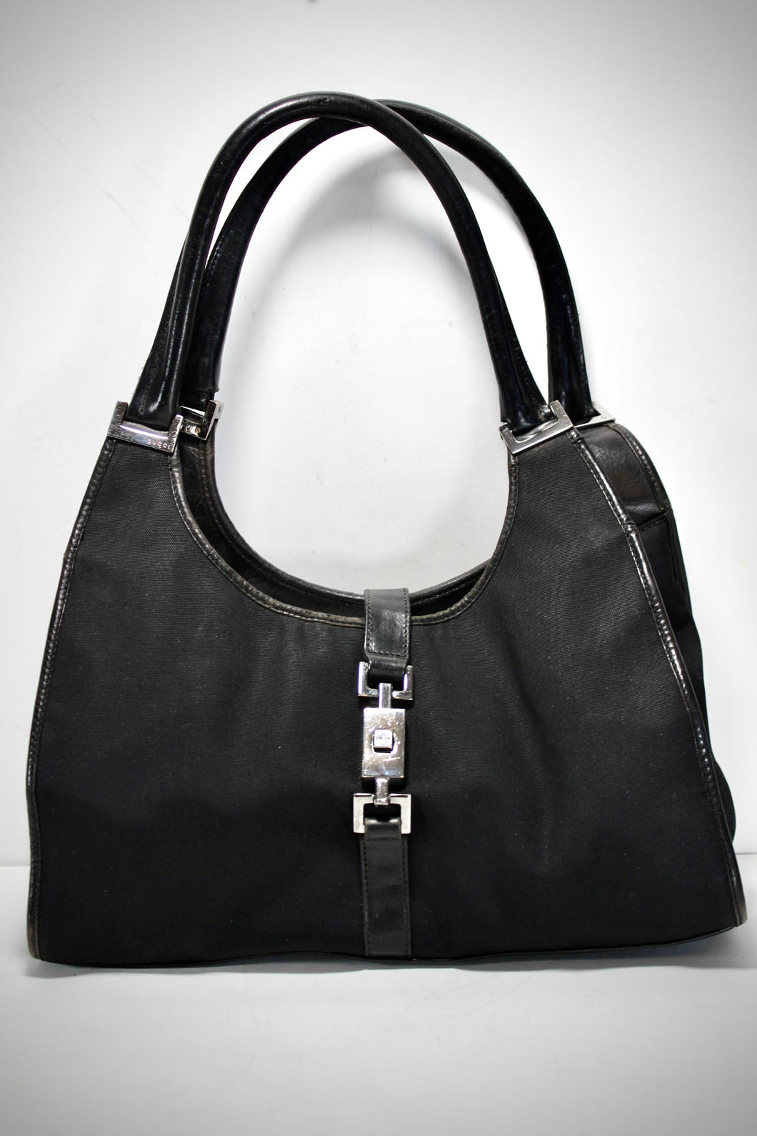 Vintage GUCCI  Black Nylon Jackie O Hobo Bag Leather Trim Double Handle Italy