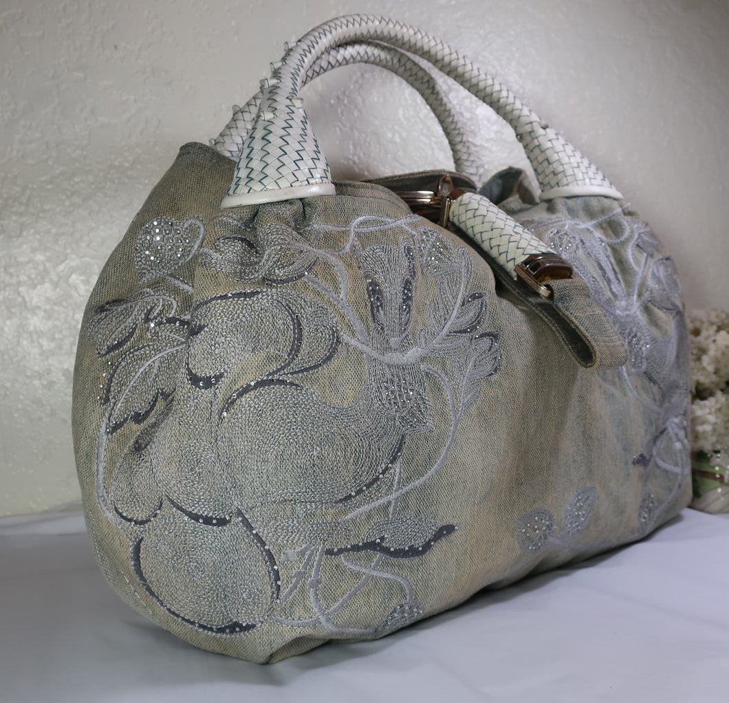 FENDI Spy Embroidered Denim Cotton Large Hobo Shoulder Bag