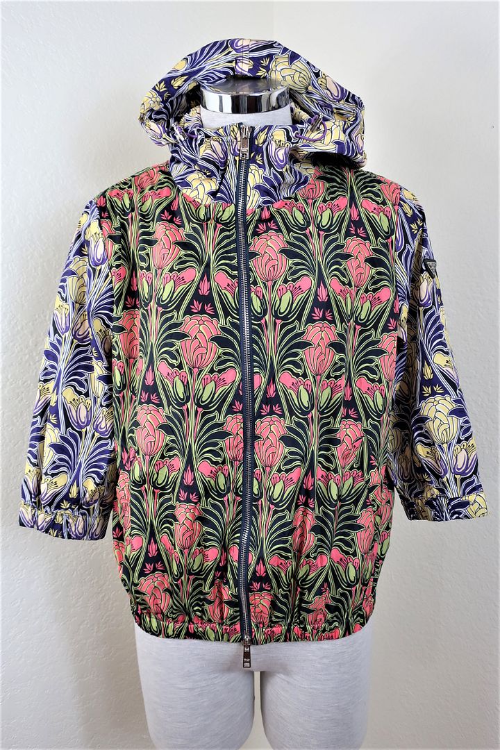 PRADA Nylon Floral Pink Blue Green Hooded Hood Cropped Jacket Small S 40 3 4 6