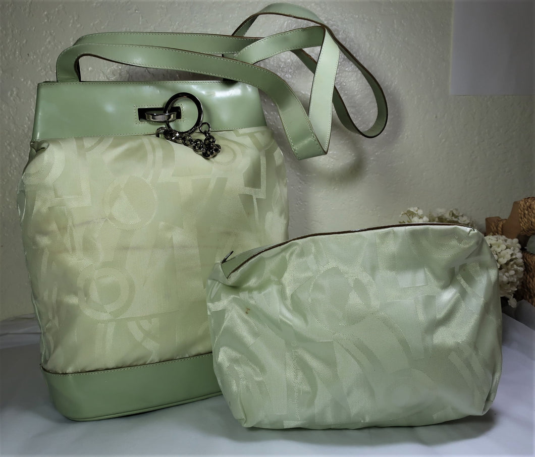 Vintage SALVATORE FERRAGAMO Green Nylon Leather Shoulder Bag w/ Cosmetic pouch
