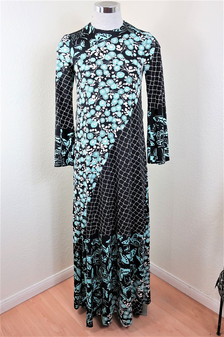 Vintage Vivid HANAE MORI Ban Long Black Blue Long Sleeve 70's Dress Tall 6 7 Small Medium