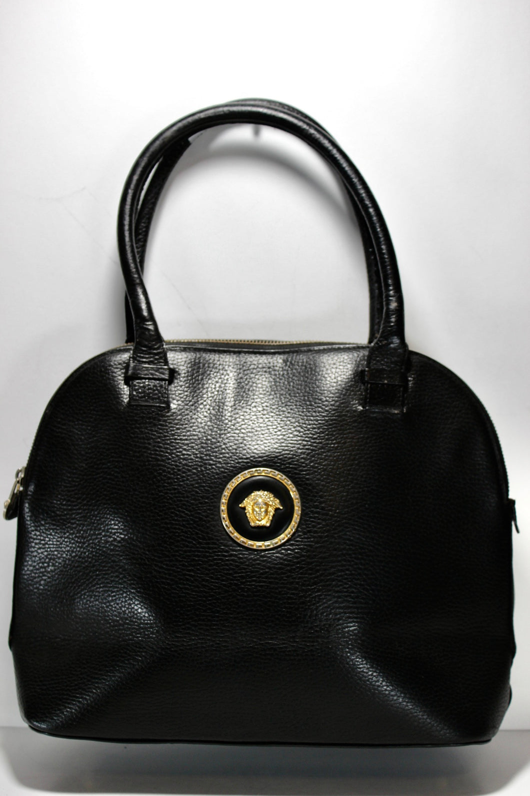 Vintage GIANNI VERSACE Black Leather Handbag Tote Medusa Double Handle Italy