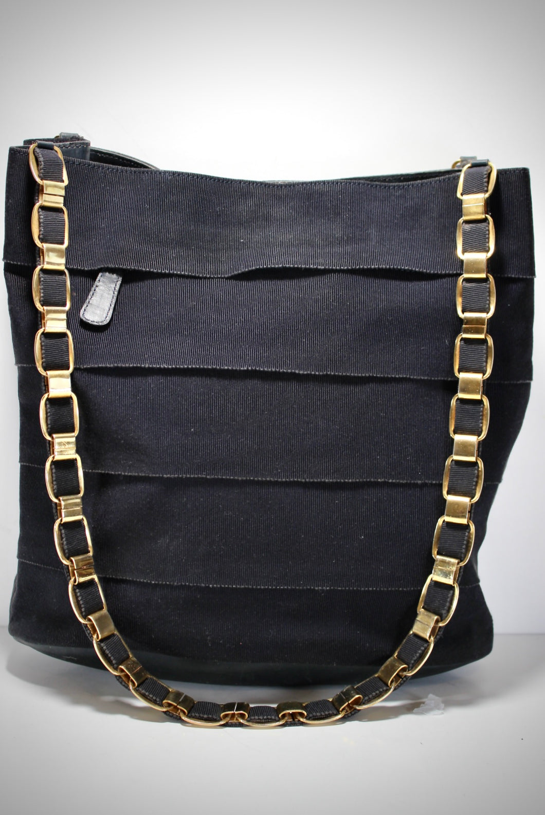 Vintage SALVATORE FERRAGAMO Black Fabric Layered Tote Shoulder Bag Gold Chain Link Straps
