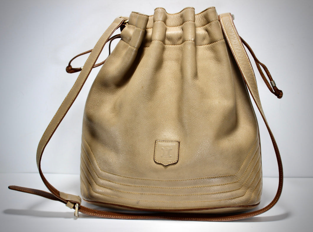 Vintage CELINE Tan Leather Drawstring Tote Shoulder Bucket Bag Italy