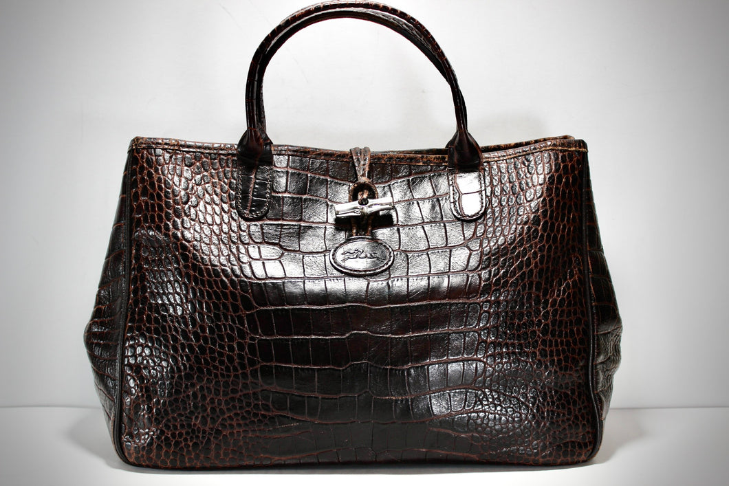 Vintage LONGCHAMP Croc Embossed Roseau Brown Leather Tote Bag France