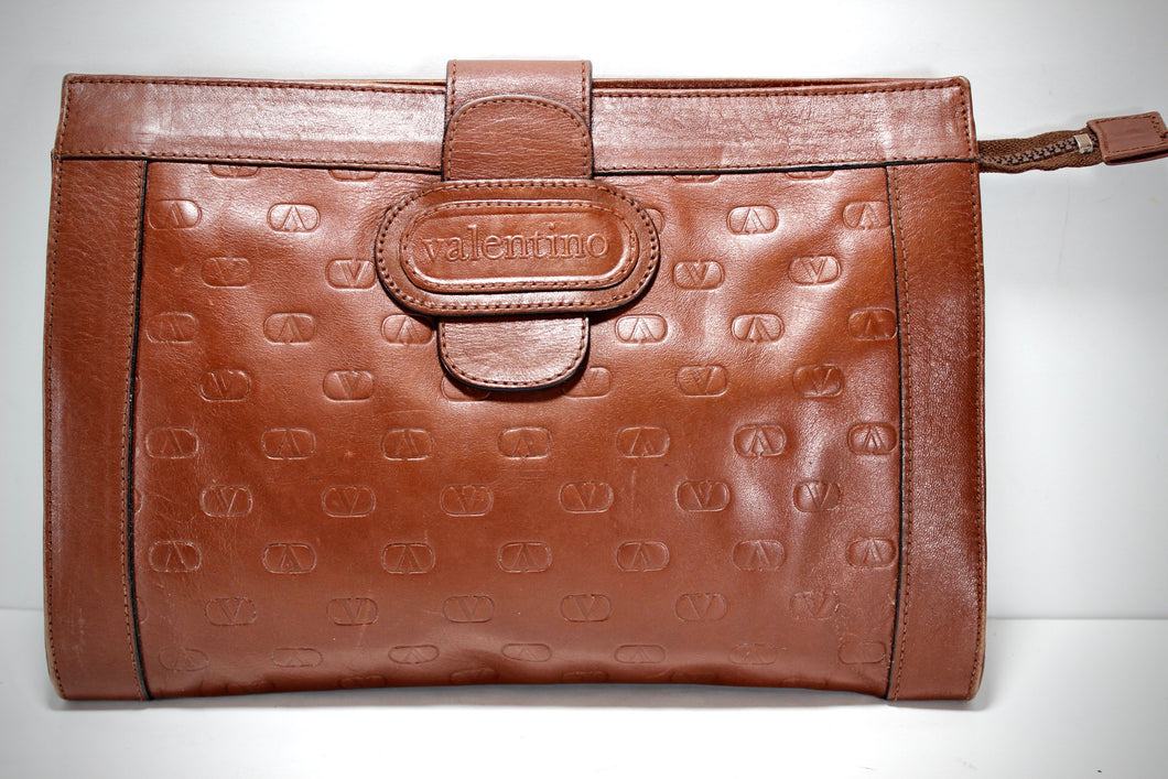 Vintage VALENTINO Brown Leather Clutch Handbag Top Zip Front Flap Closure Italy