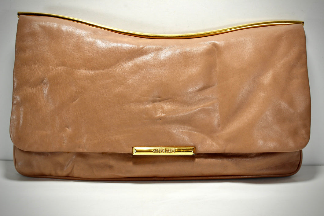 MIU MIU Light Brown Cocoa Calfskin Large Clutch Bag Handbag