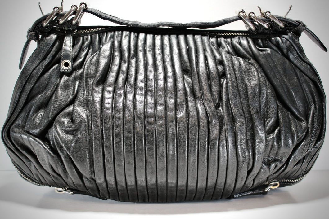 MIU MIU XL Black Bosco Leather Pleated Matelasse Handbag Shoulder Bag