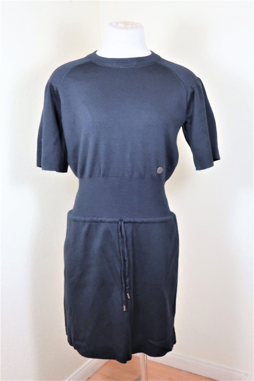 LOUIS VUITTON LV Deep Blue Wool Draw Waist Short Sleeves Classic Dress Sz 3 4 XS Extra Small