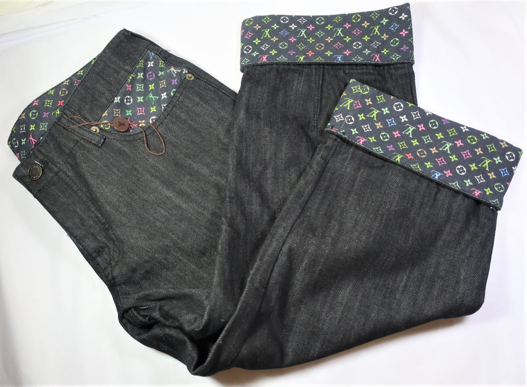 New LOUIS VUITTON Black LV Logo Colorful Cotton Denim Pedal Pants Jeans Sz 40 6 7 8