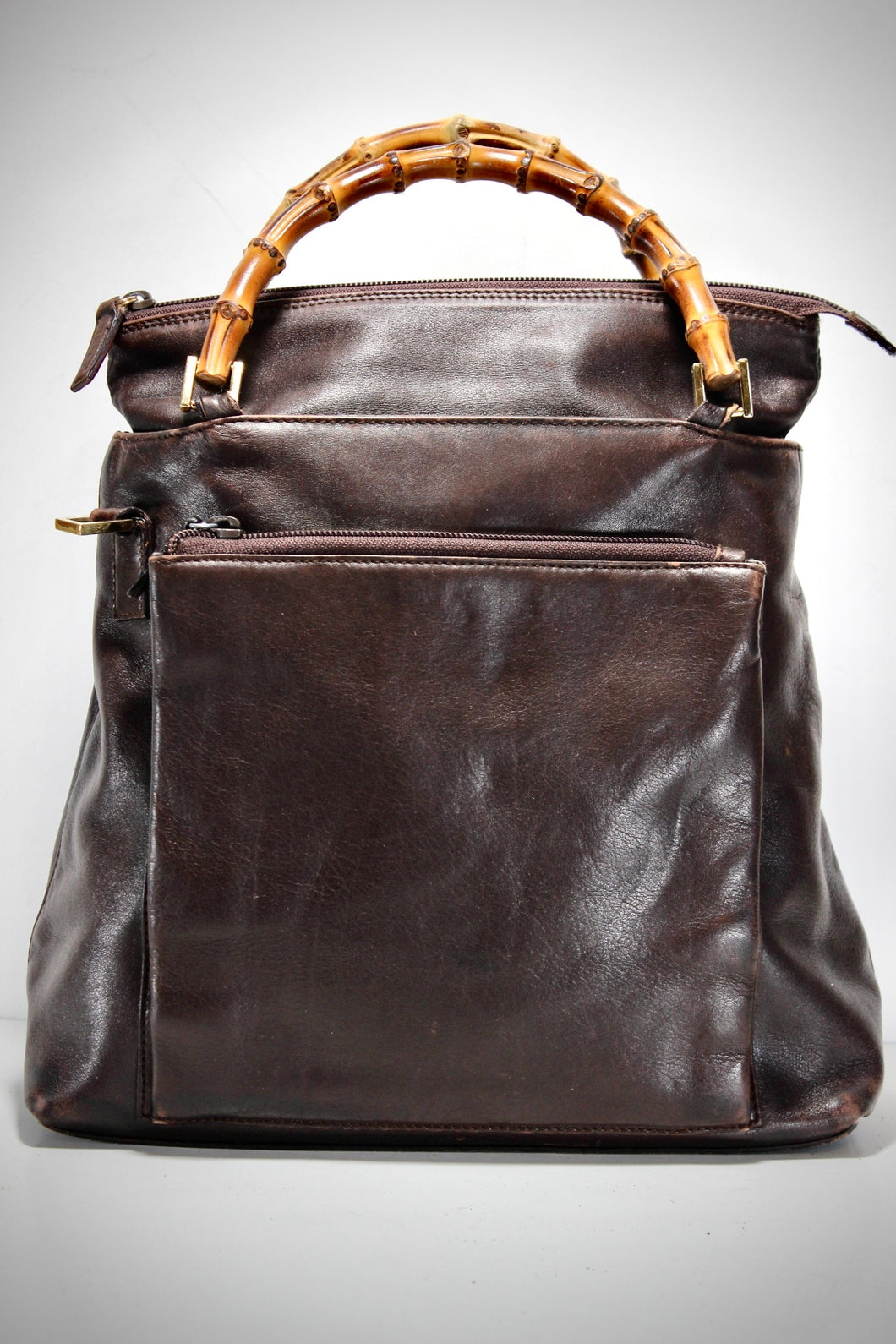 GUCCI Dark Brown Calfskin Leather Handbag Bamboo Dual Handle Italy