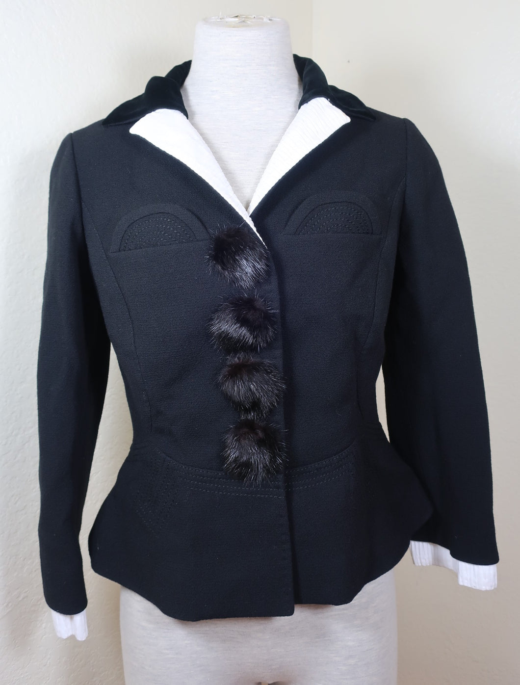LOUIS VUITTON Black Wool Mink Blazer Jacket Sz. 40 6 7 8 Small