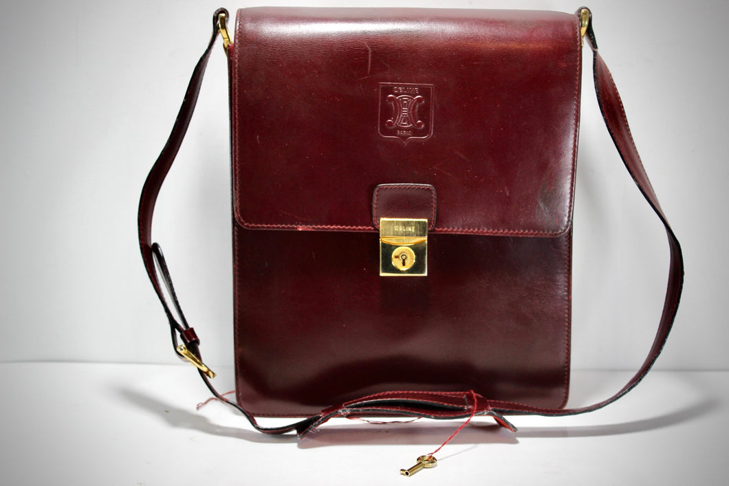 Vintage CELINE Bordeaux Leather Triomphe Shoulder Crossbody Bag Italy