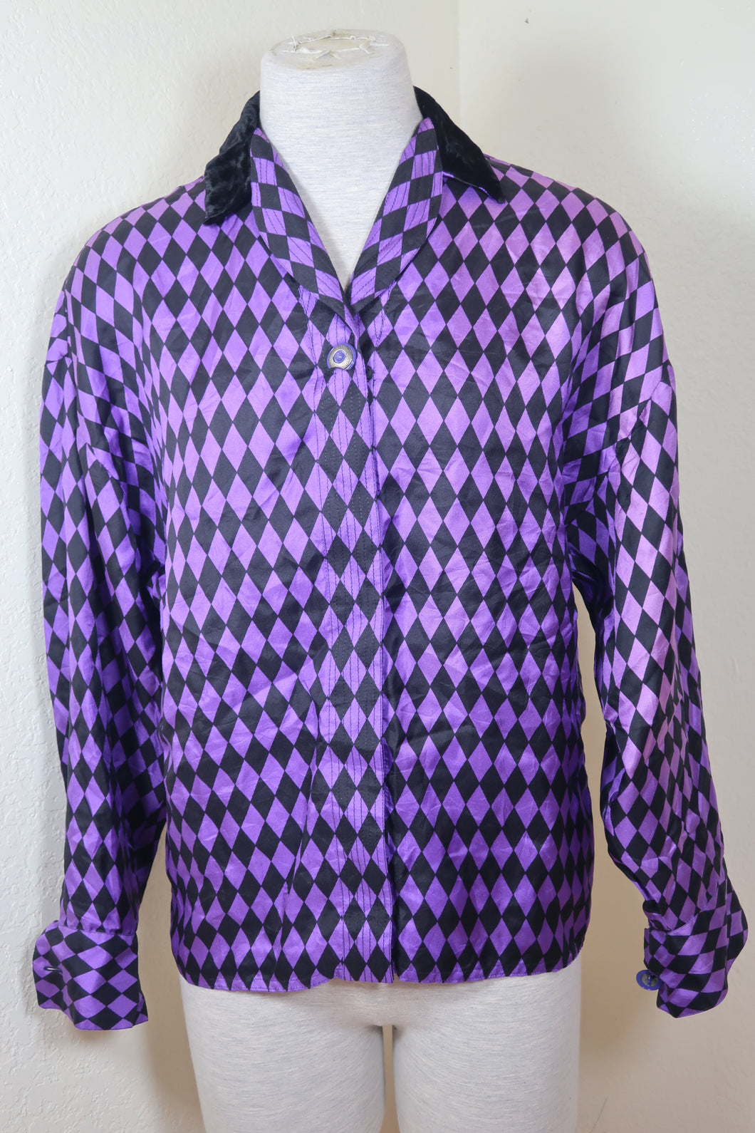 Vintage GIANNI VERSACE Purple Black Silk Velvet Long Sleeve Unisex Small Shirt Sz 4