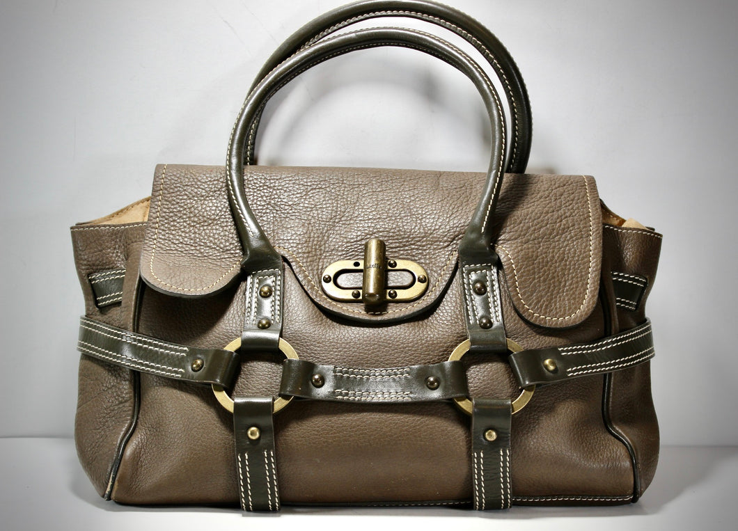 LUELLA Large Brown Leather Tote Bag Dual Handle Twist Lock Spain
