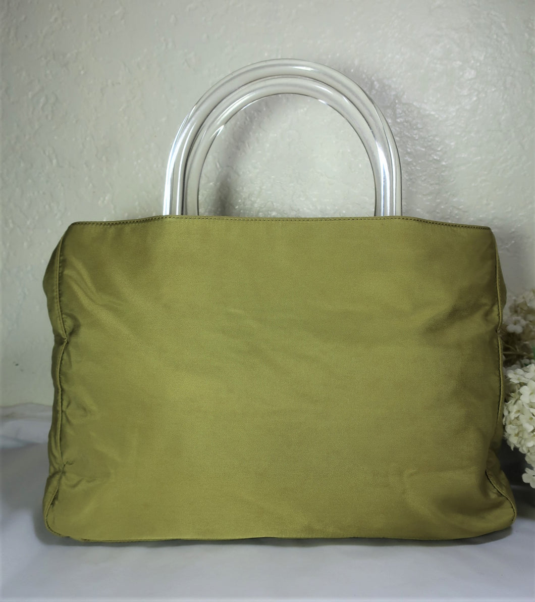 PRADA Green Nylon Lucite Clear Handles Small Tote Hand Bag