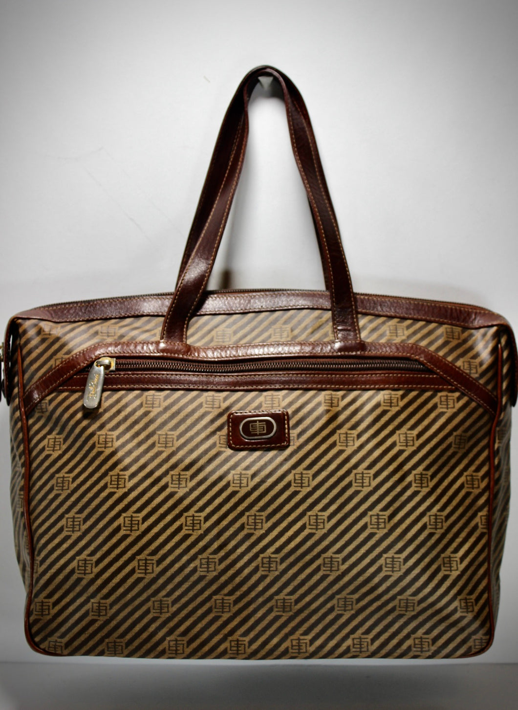EMILIO PUCCI Brown Stripe Coated Canvas Handbag Tote Dual Handle Italy