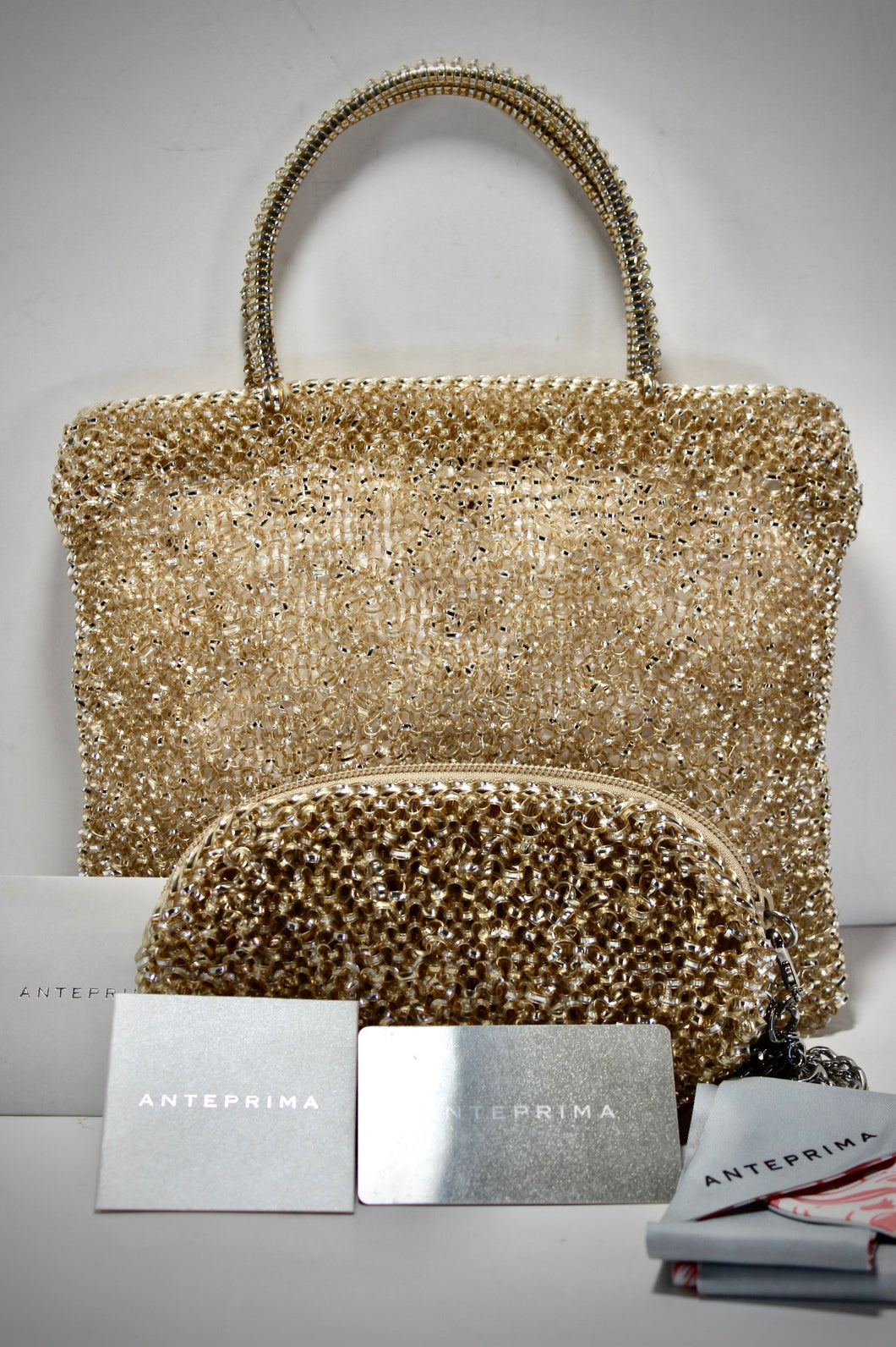 ANTEPRIMA Wirebag Gold Silver Zip Top Tote Handbag with Wallet