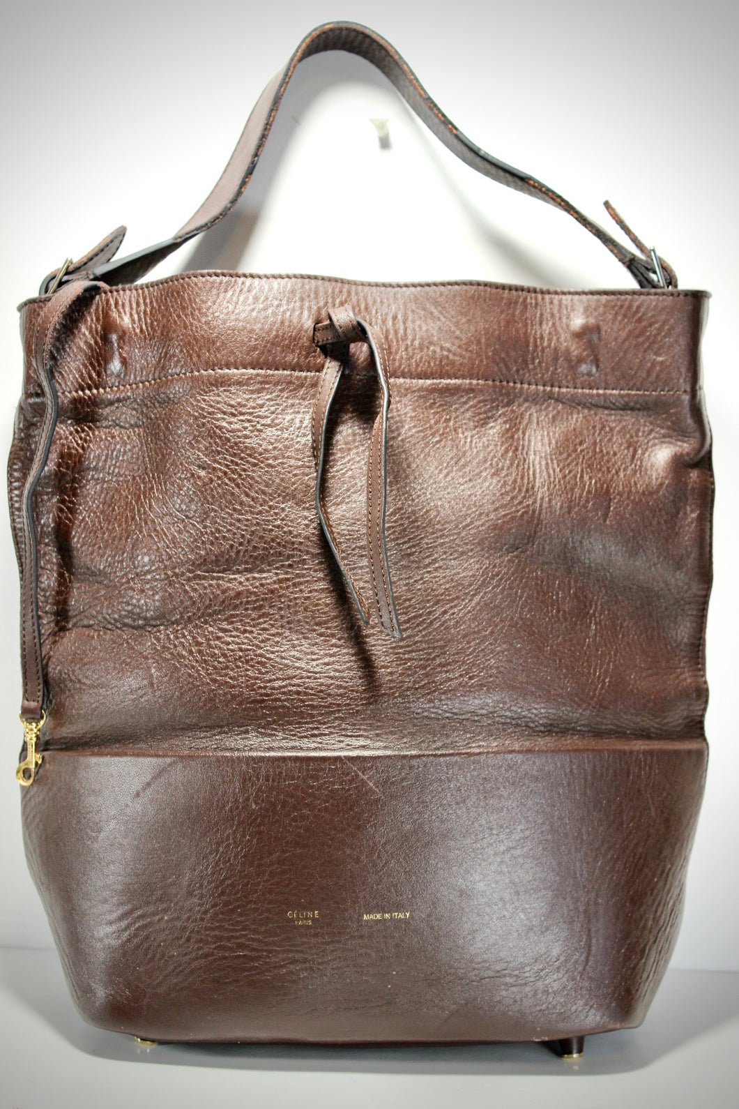CELINE Brown Drawstring Leather Bucket Bag Tote Shoulder Bag Italy