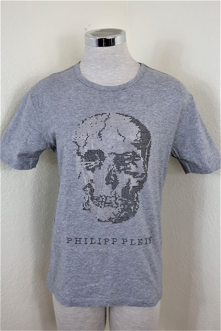 PHILIPP PLEIN HOMME Grey Rhinestone Skull Stud Embellished Cotton Tee Tshirt Top Shirt Small 2 3 4