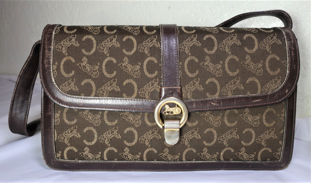 Vintage CELINE Brown Canvas Leather Horse Carriege Logo Box Bag Shoulder