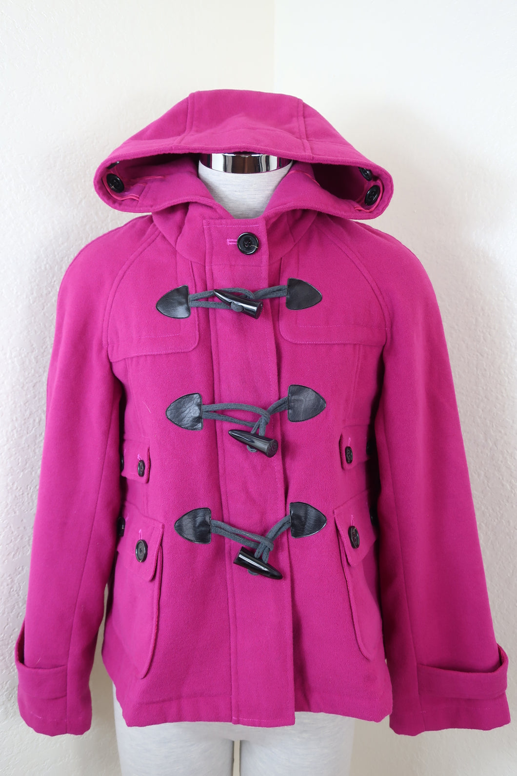 BURBERRY Fuchsia Pink Hoodie Toggle Wool Coat Jacket