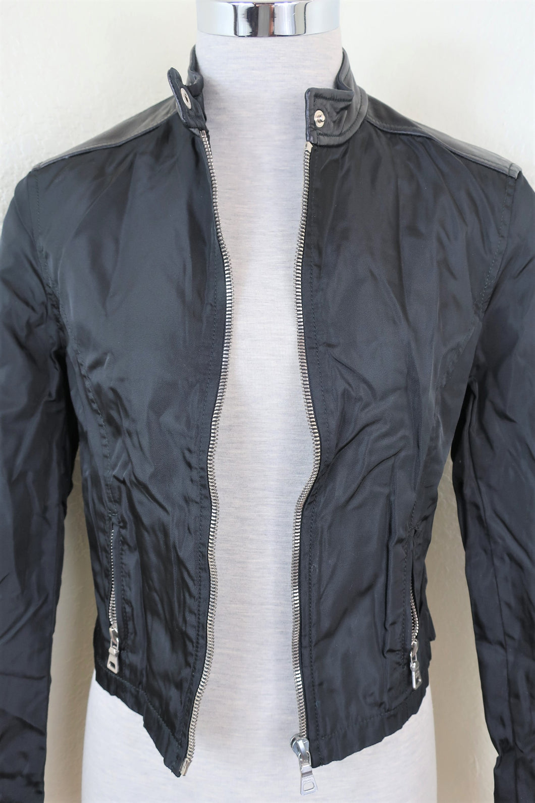 Vintage PRADA Black Nylon Leather Trim Cropped Biker  Small 2 3 4