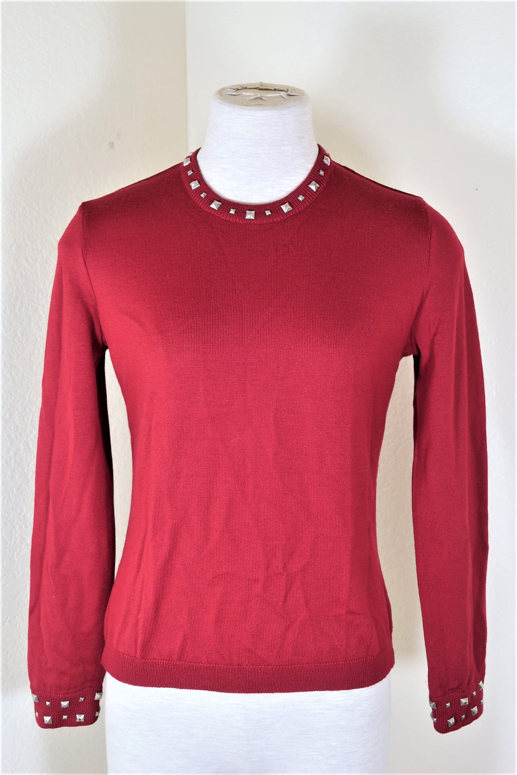 Vintage GIANNI VERSACE COUTURE Red Studded Long Sleeve Wool Blouse Top pullover  Size 4