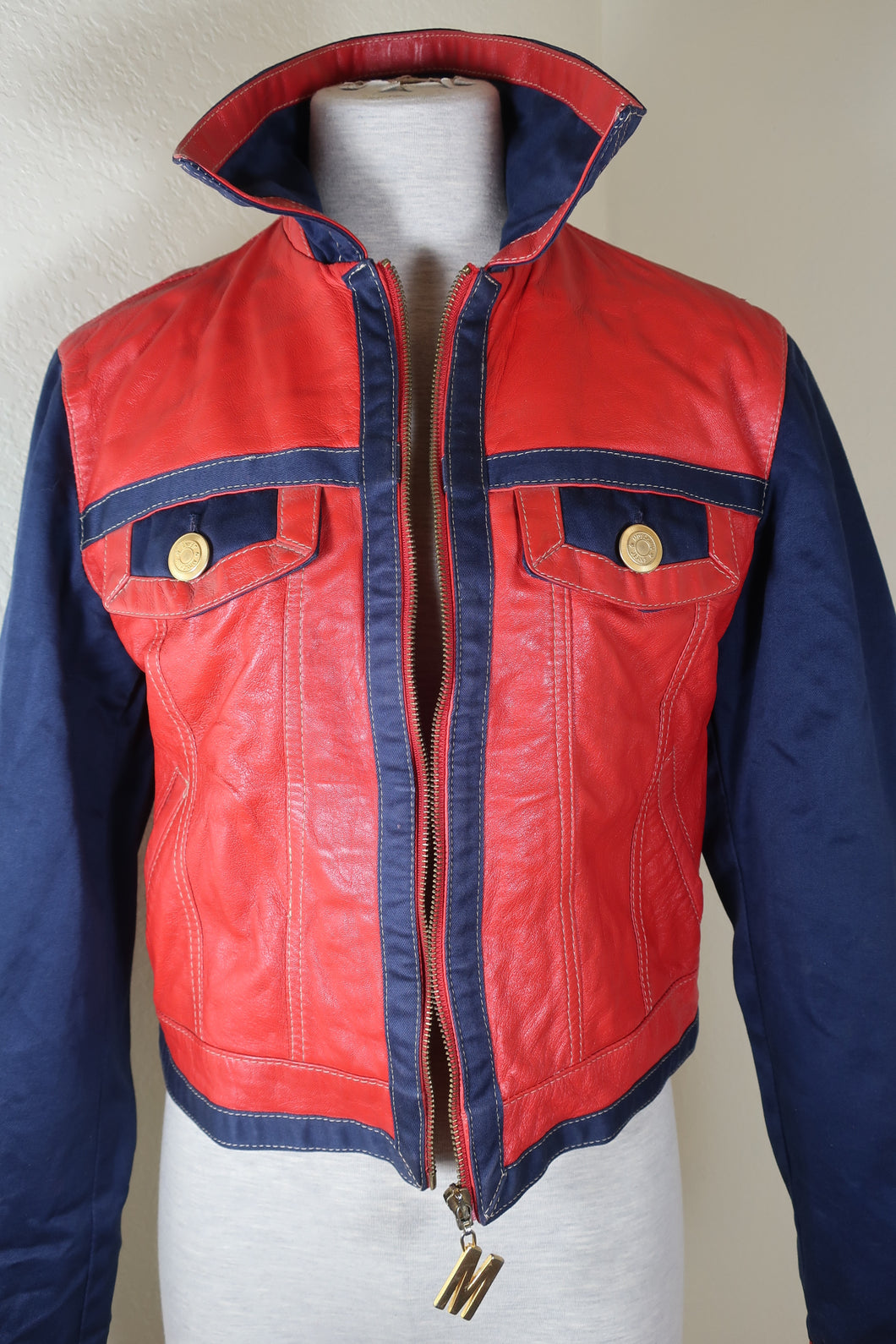 MOSCHINO Jeans Red Blue Leather Jacket Sz 44 7 8