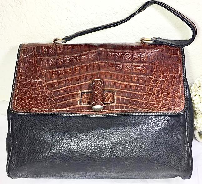 Vintage BESOZZI Italy Brown Crocodile Leather Tote Satchel Hand Bag