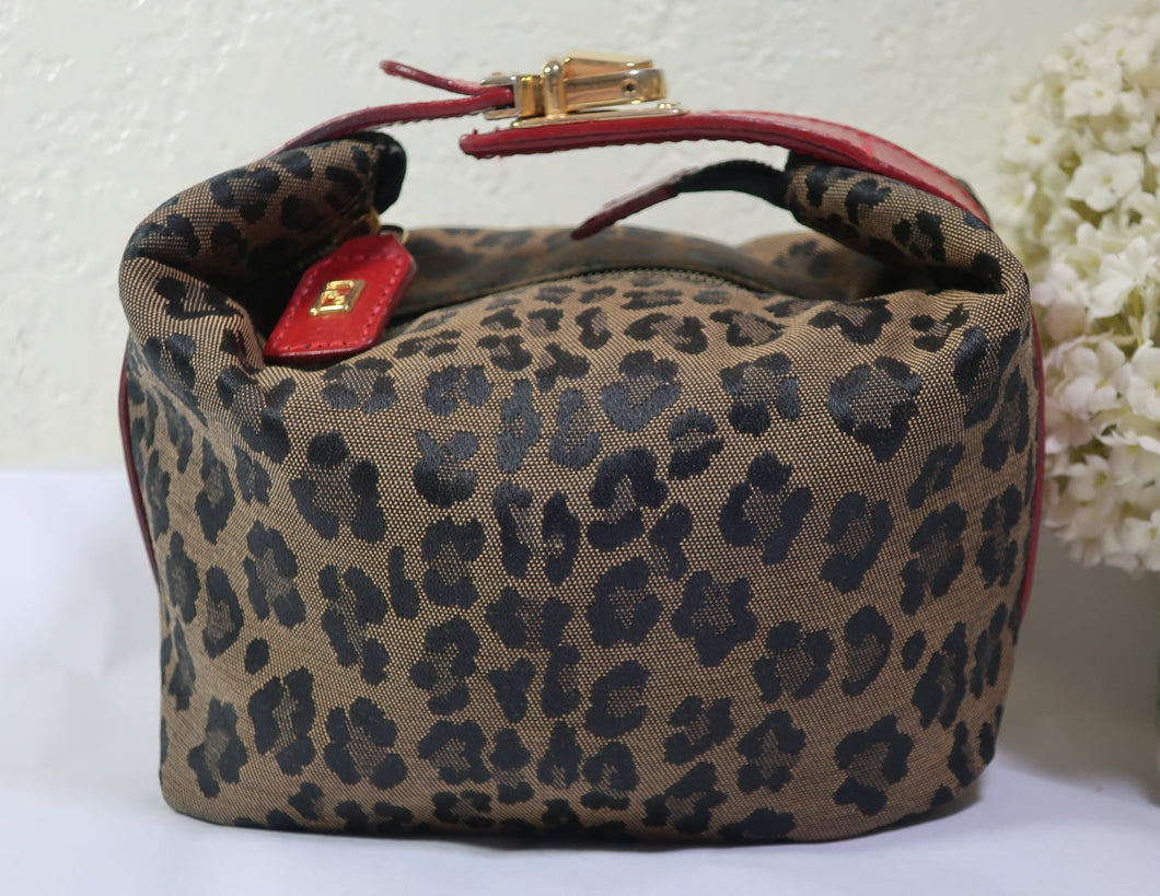 Vintage FENDI Brown Leopard Red Leather Tiny Small Hand Bag Italy