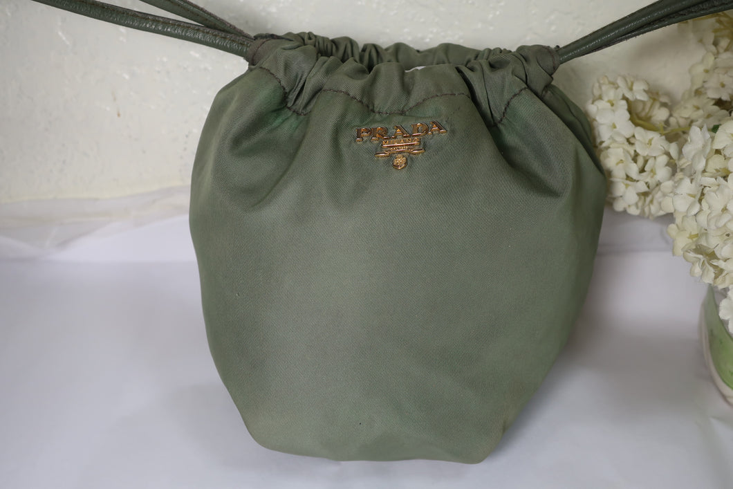 PRADA Sage GREEN Nylon Leather Drawtop Pouch Hand Bag Handbag