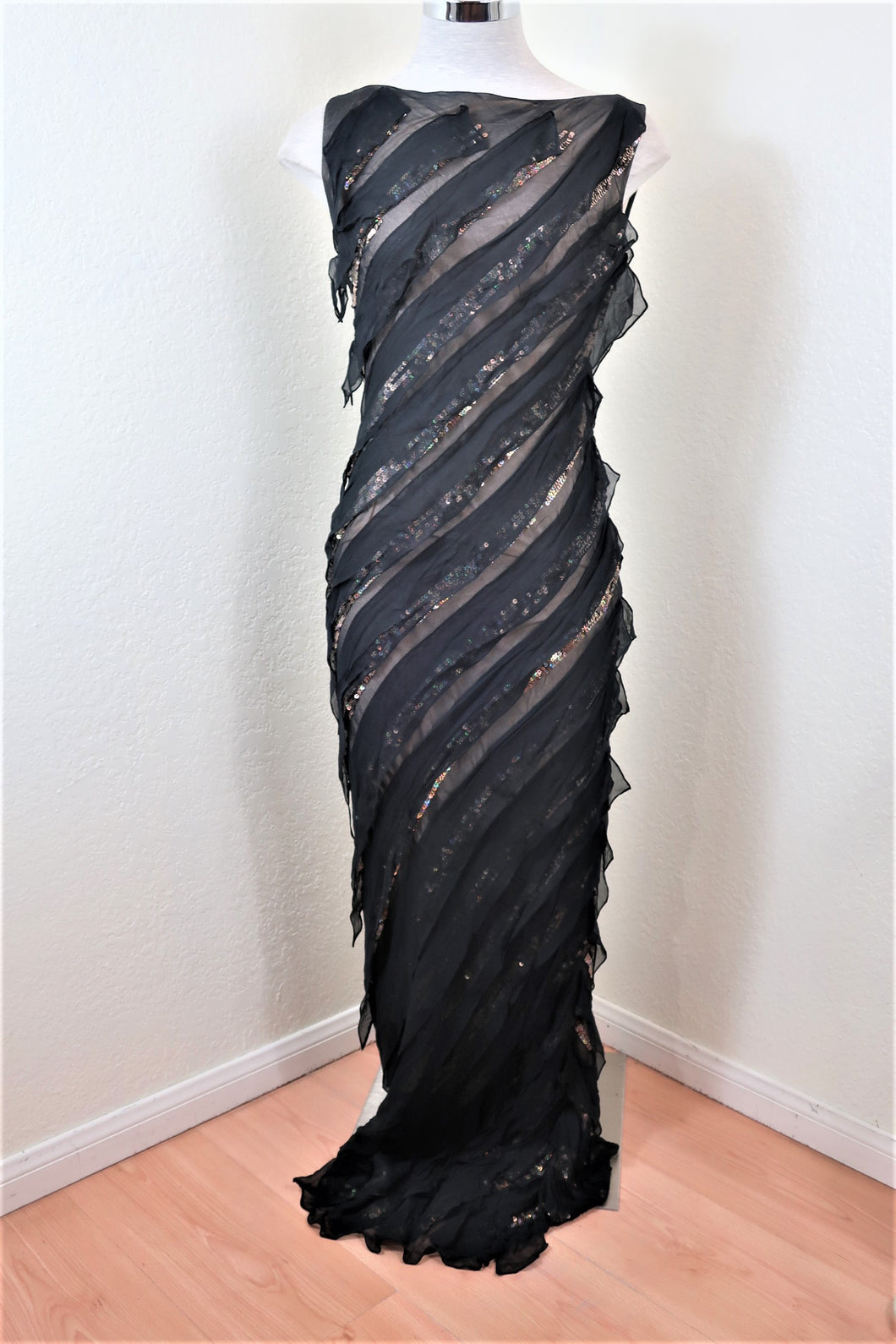 DIANE FRIES Intricate Beaded Mermaid Silk Formal Long Gown Black Evening Dress S Med  6 7 8