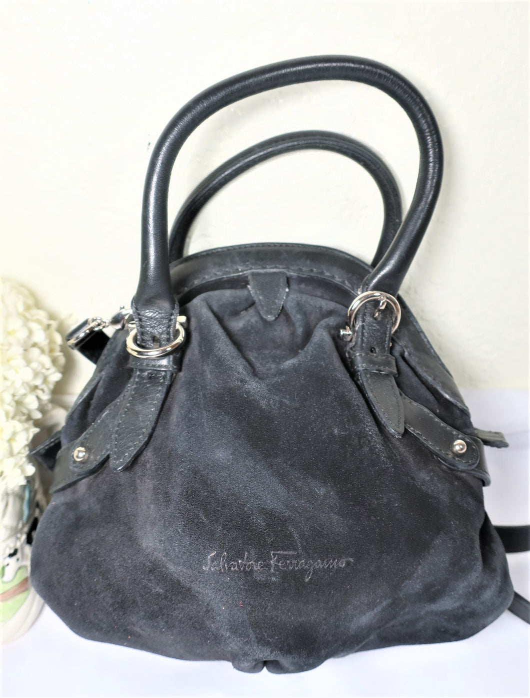 SALVATORE FERRAGAMO Small Black Suede Leather Hand SHoulder Bag