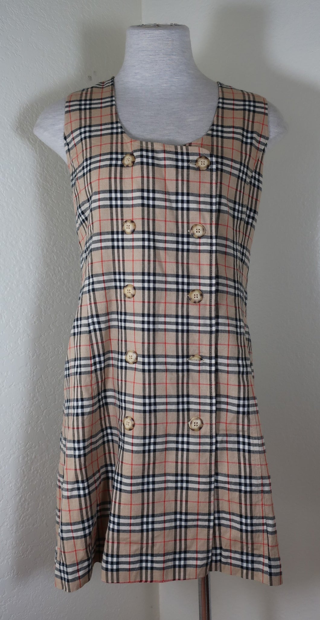 Vintage BURBERRY BURBERRYS Classic Checks Plaid Cotton Wool Sleeveless Dress Small 4 5 6